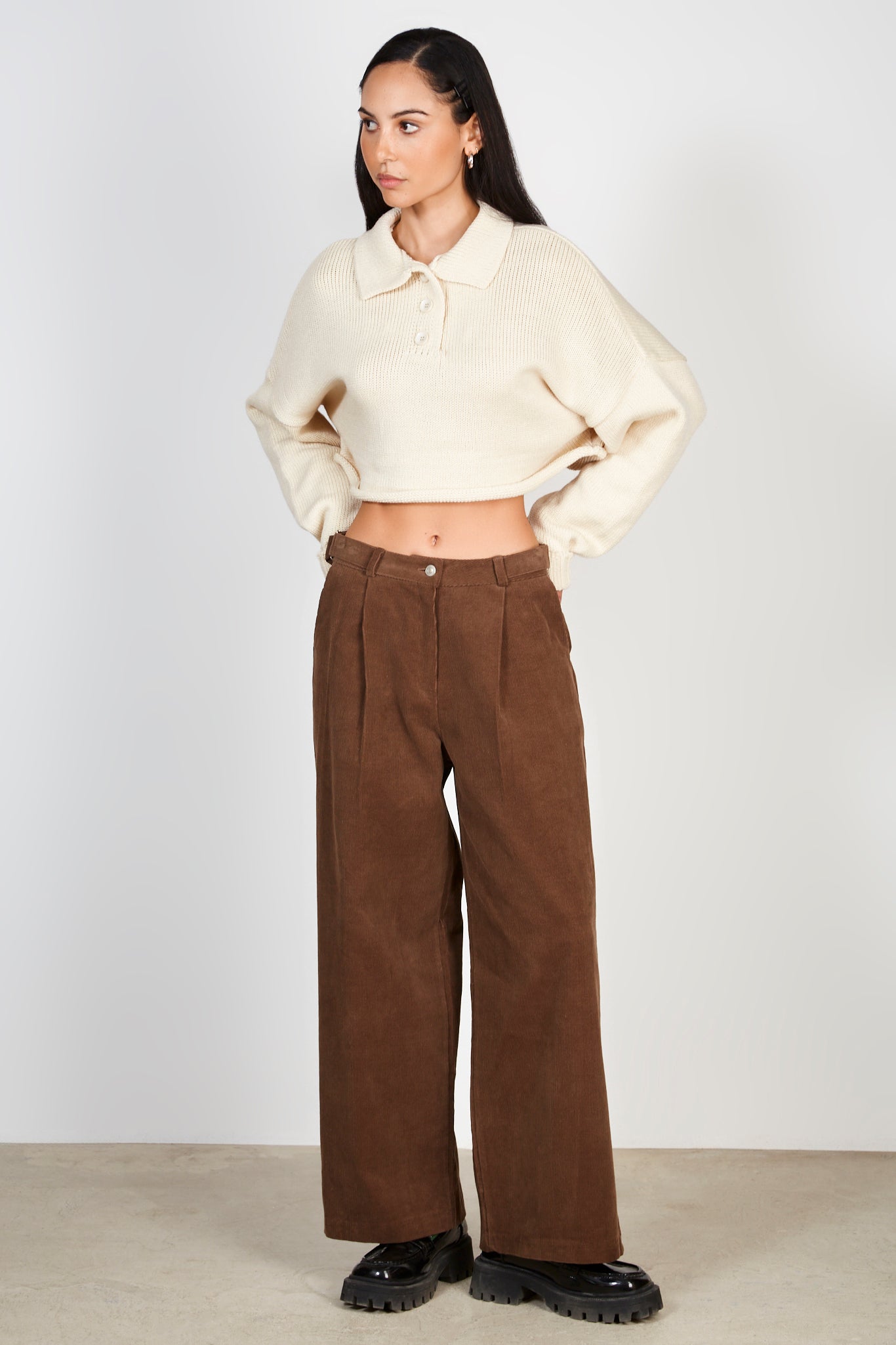 Dark brown cinch waist corduroy trousers | Glassworks London