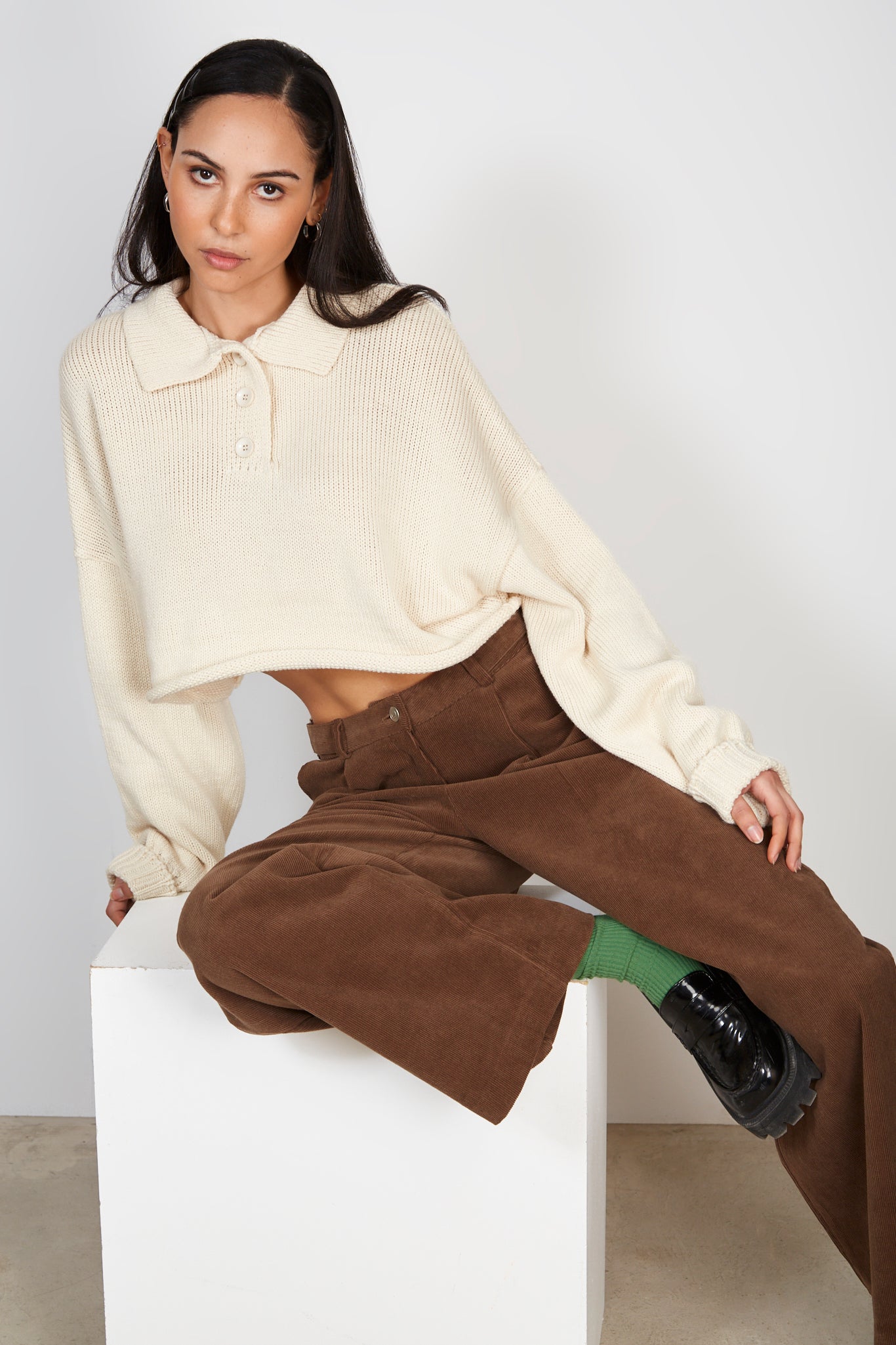 Dark brown cinch waist corduroy trousers | Glassworks London