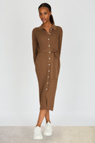 Dark brown ribbed knit button front dress_1