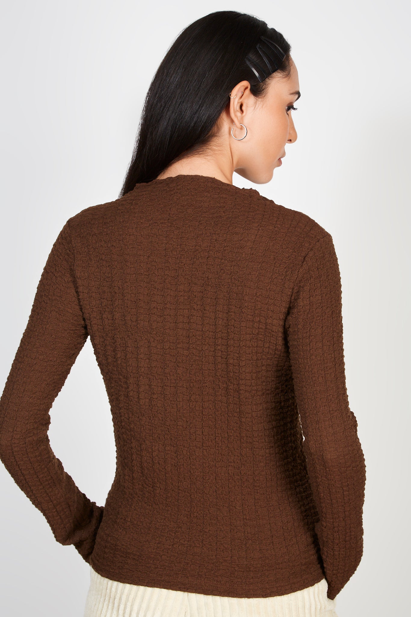Dark brown textured high neck top_2