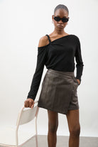 Dark brown vegan leather asymmetric wrap mini skirt_5