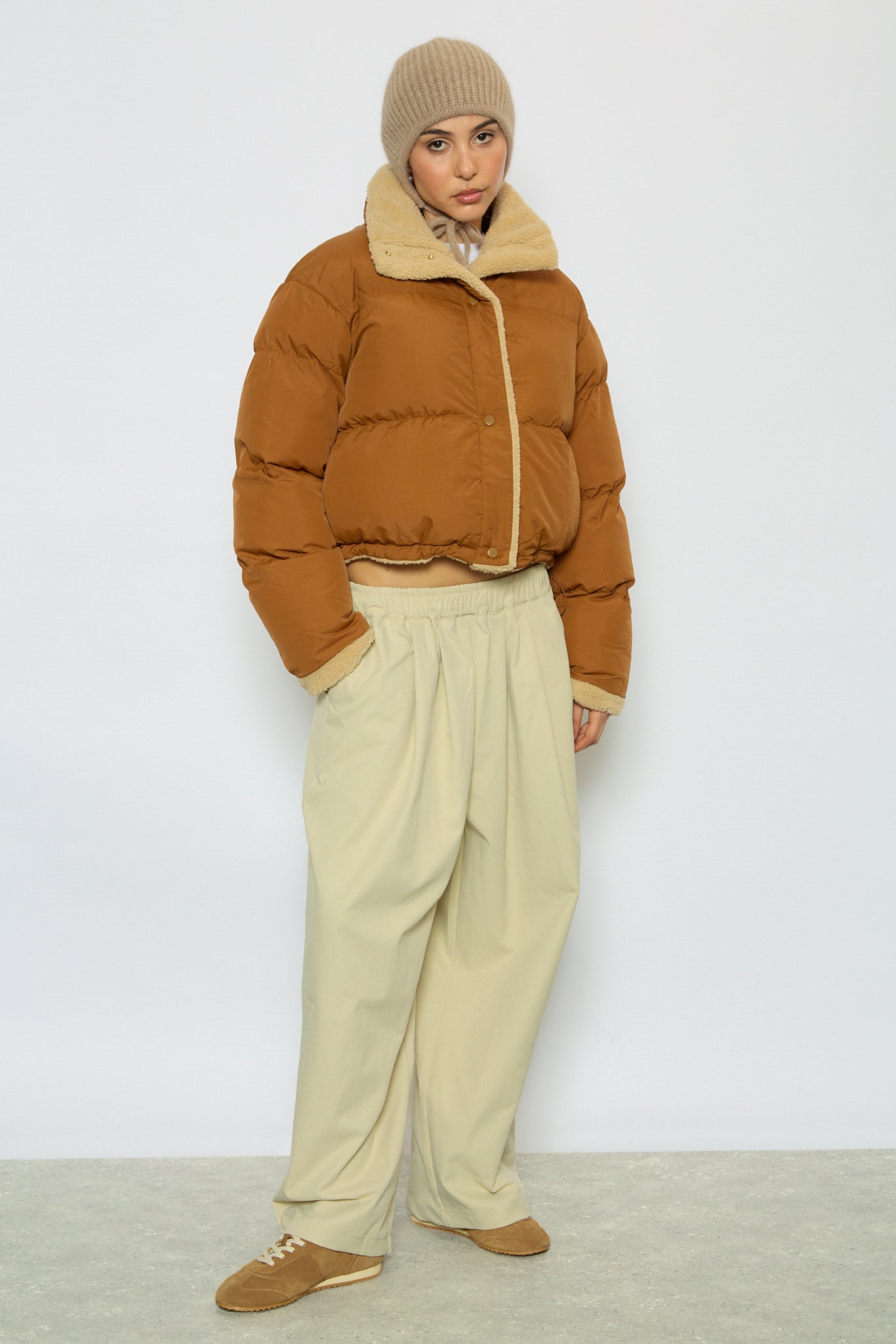 Dark camel teddy lined puffer jacket