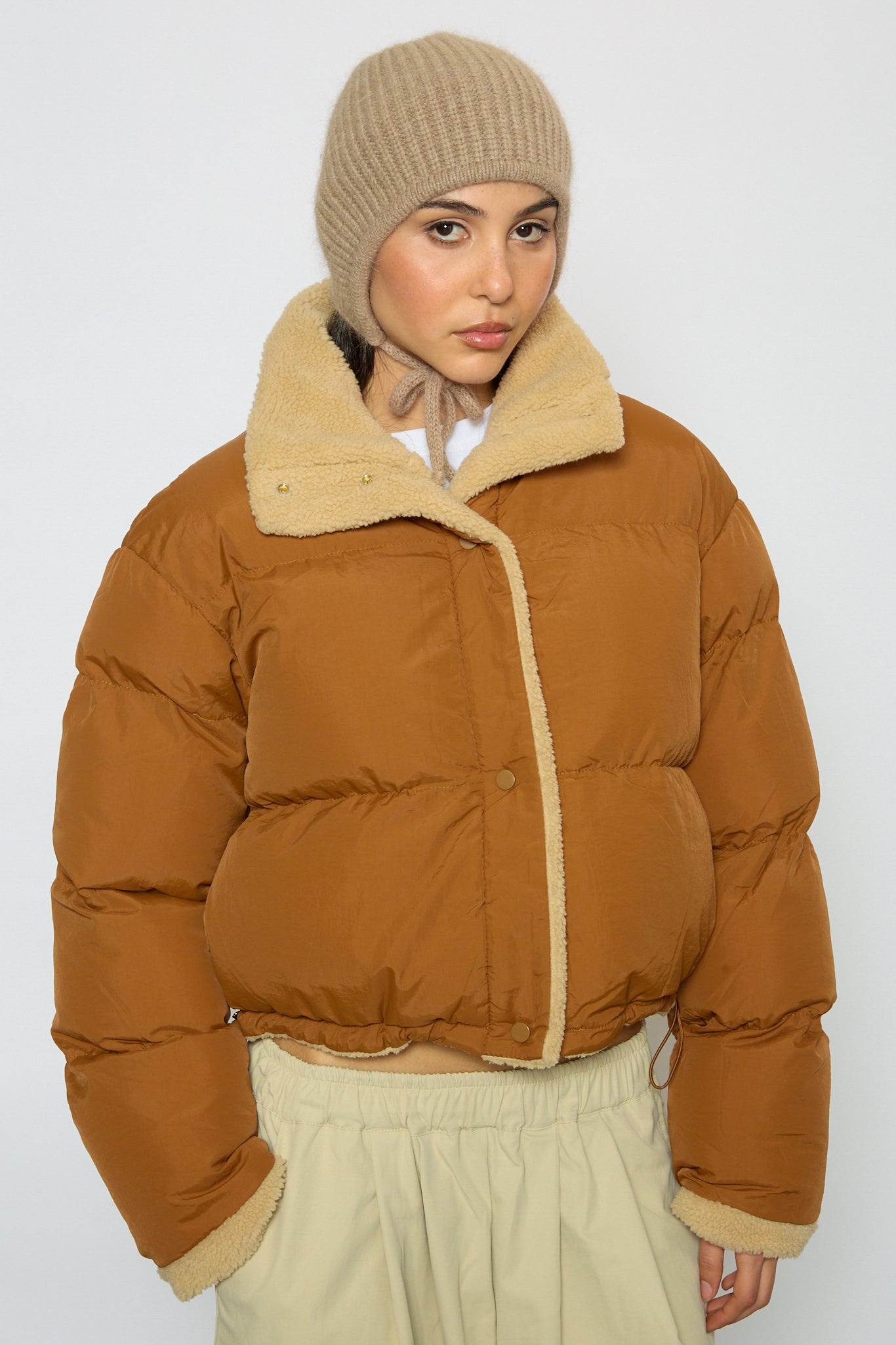 Dark camel teddy lined puffer jacket