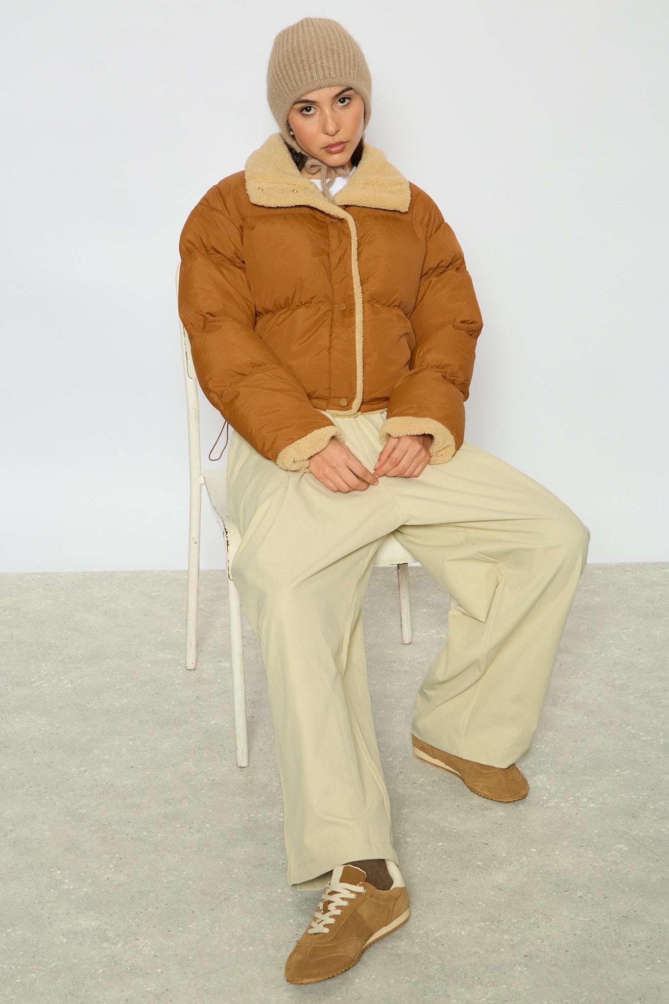 Dark camel teddy lined puffer jacket