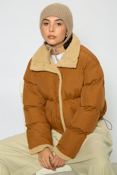 Dark camel teddy lined puffer jacket | Glassworks London