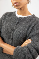 Dark grey fuzzy wool blend round neck cardigan_3