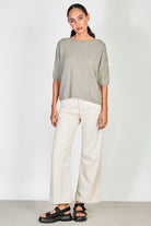 Dark khaki linen blend wide neck knit tee_4