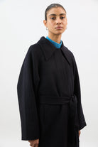 Dark navy pure wool large collar belted coat_4