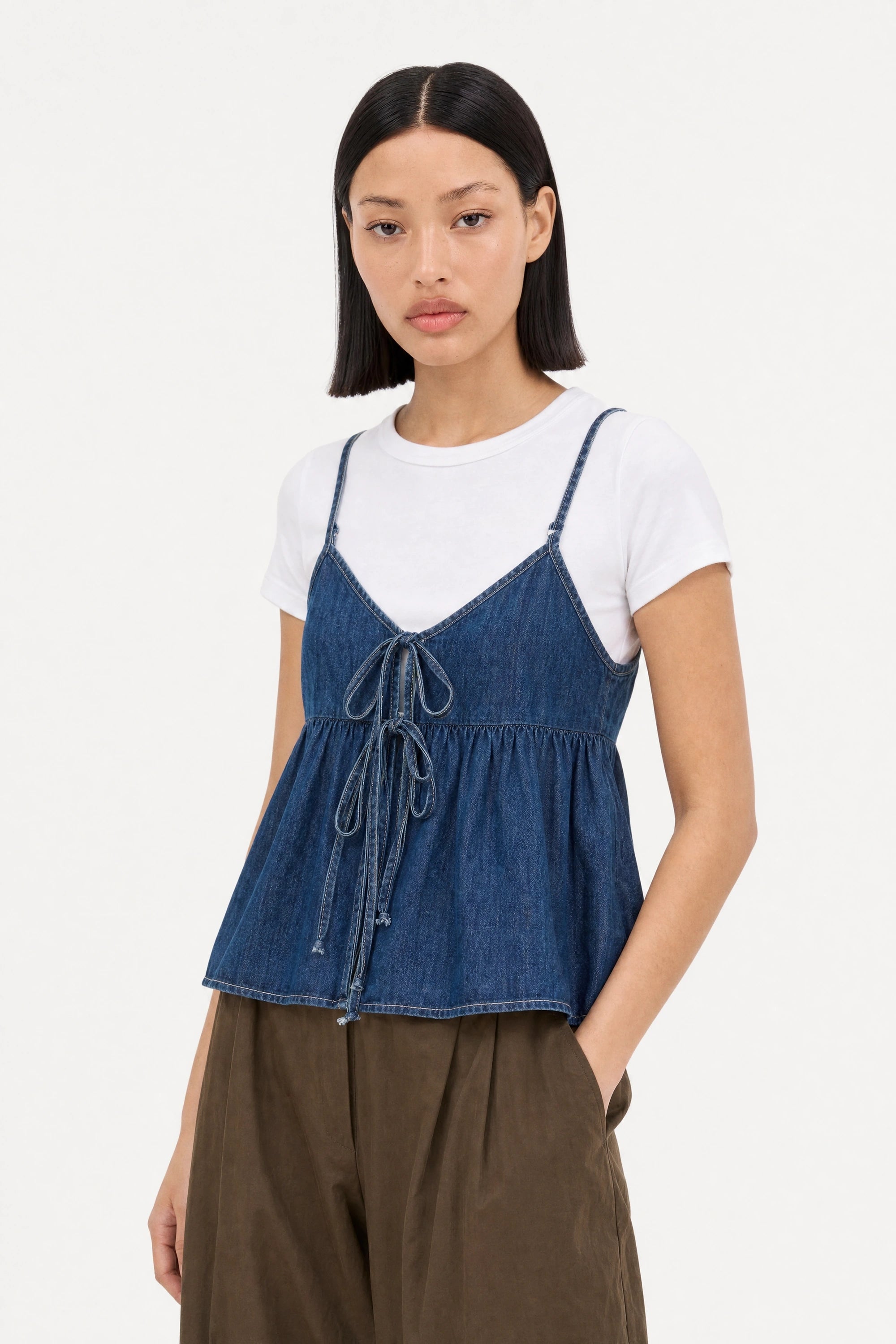 Dark blue denim double tie front tank top_3