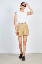 Dark beige belted pleat shorts_3