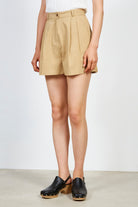Dark beige belted pleat shorts_1