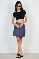 Dark blue chambray pleated mini skirt_3