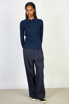 Deep blue ribbed button collar jersey top_4