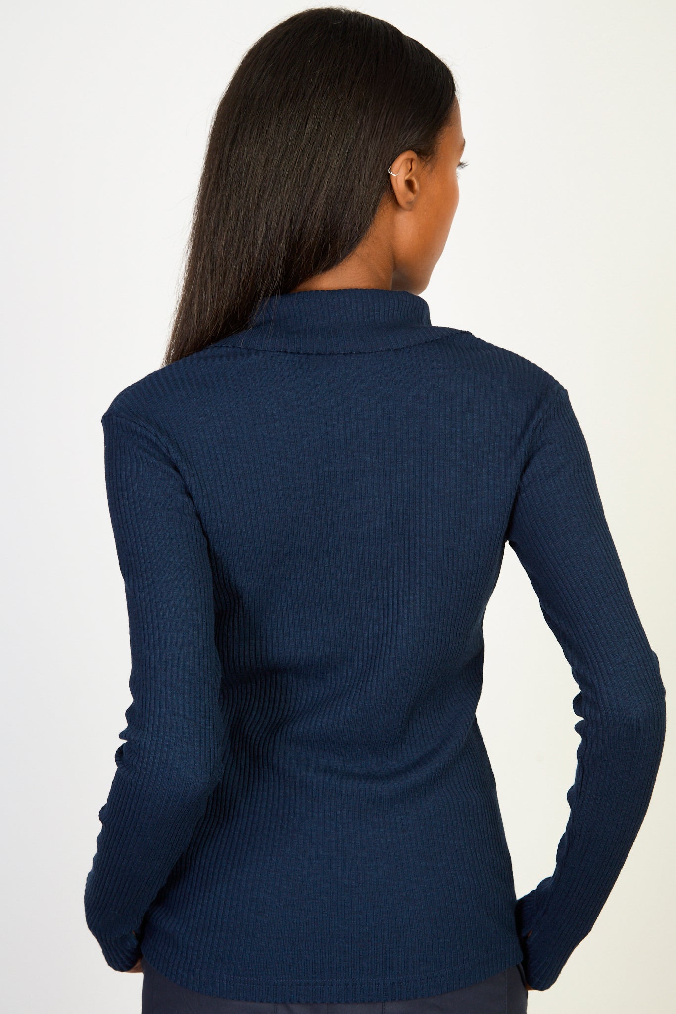 Deep blue ribbed button collar jersey top_2