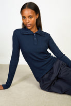 Deep blue ribbed button collar jersey top_5