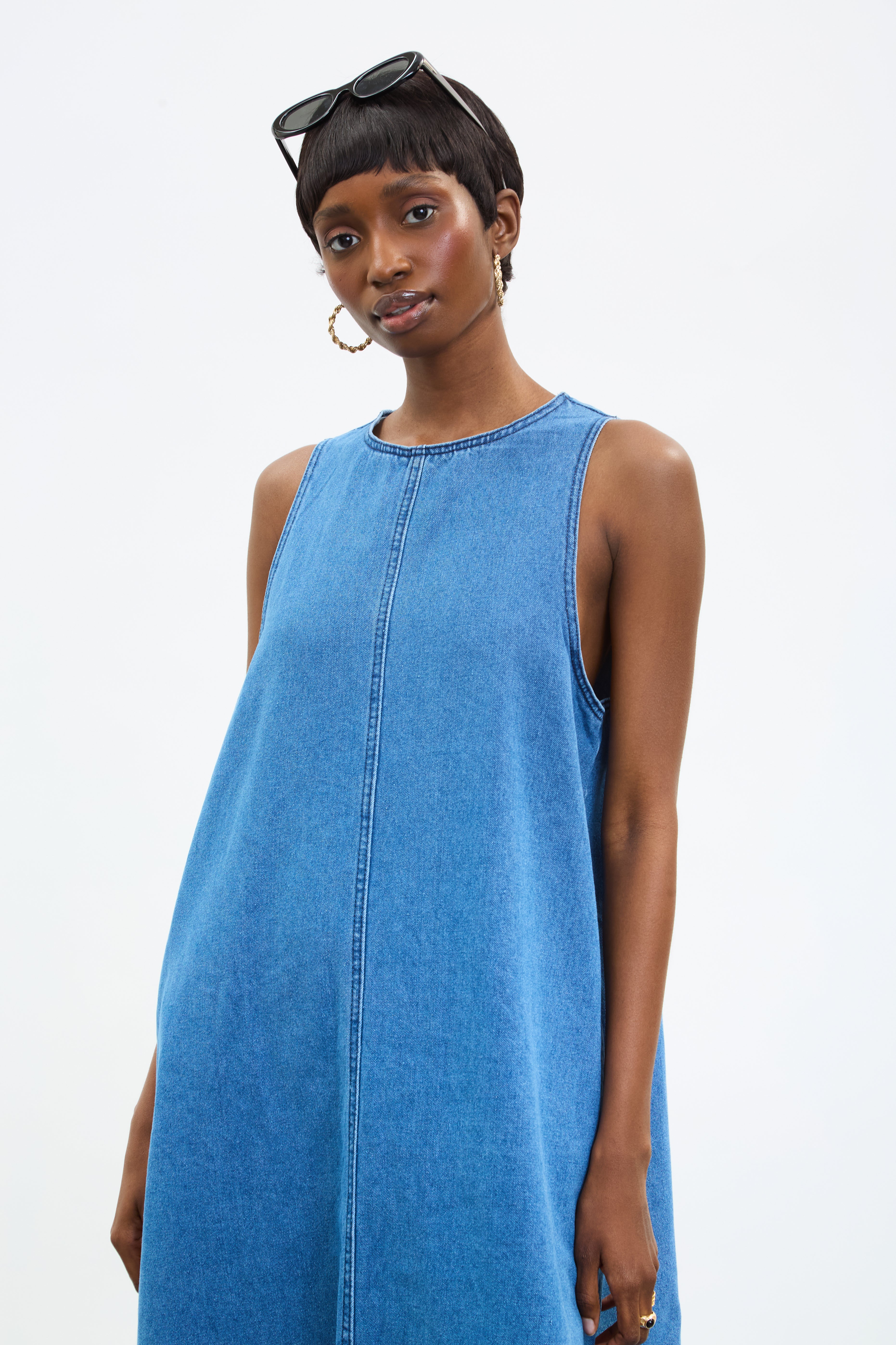 Denim panelled flare midi dress | Glassworks London
