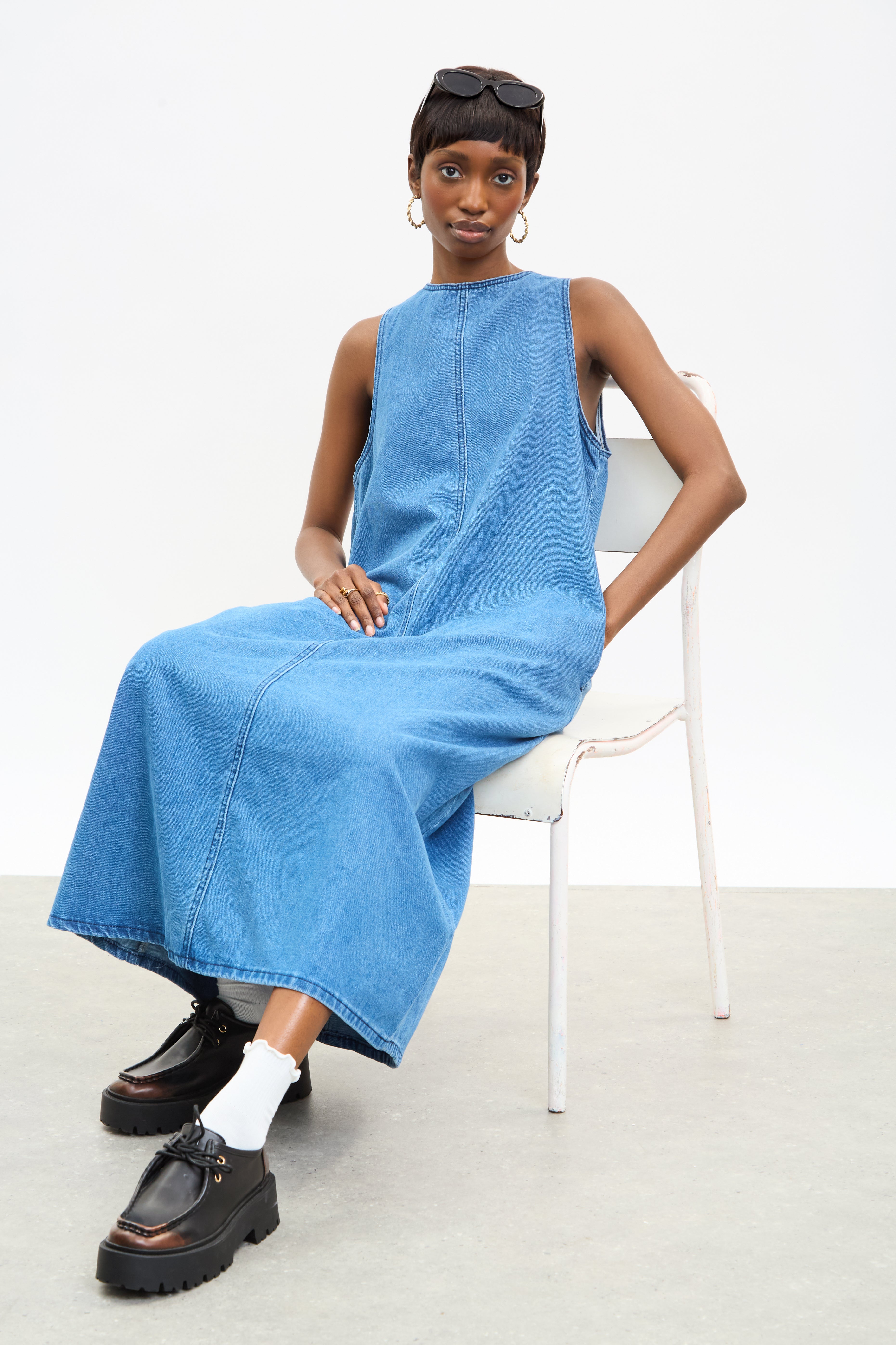 Denim panelled flare midi dress | Glassworks London