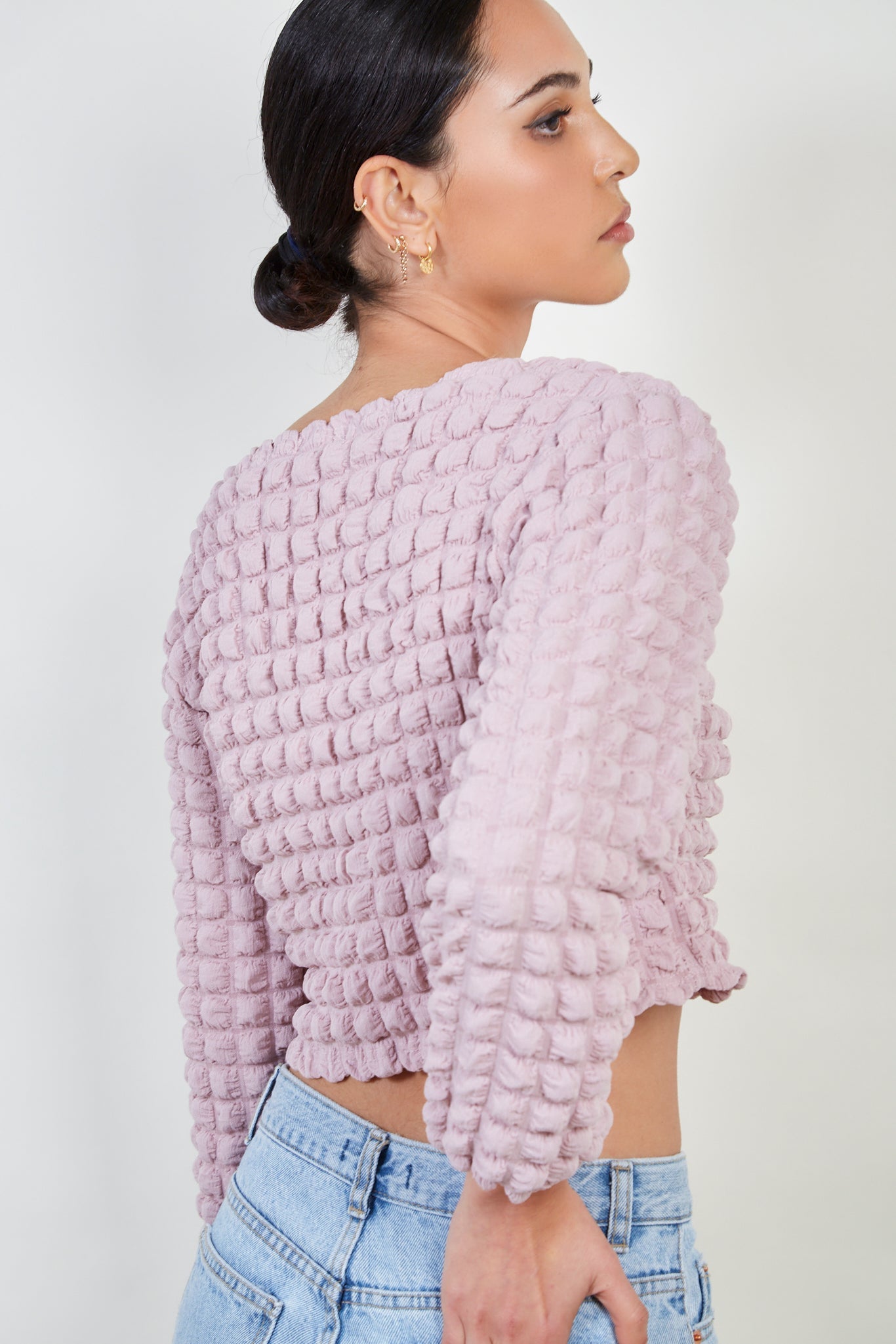Dusty pink textured puff long sleeve top_4