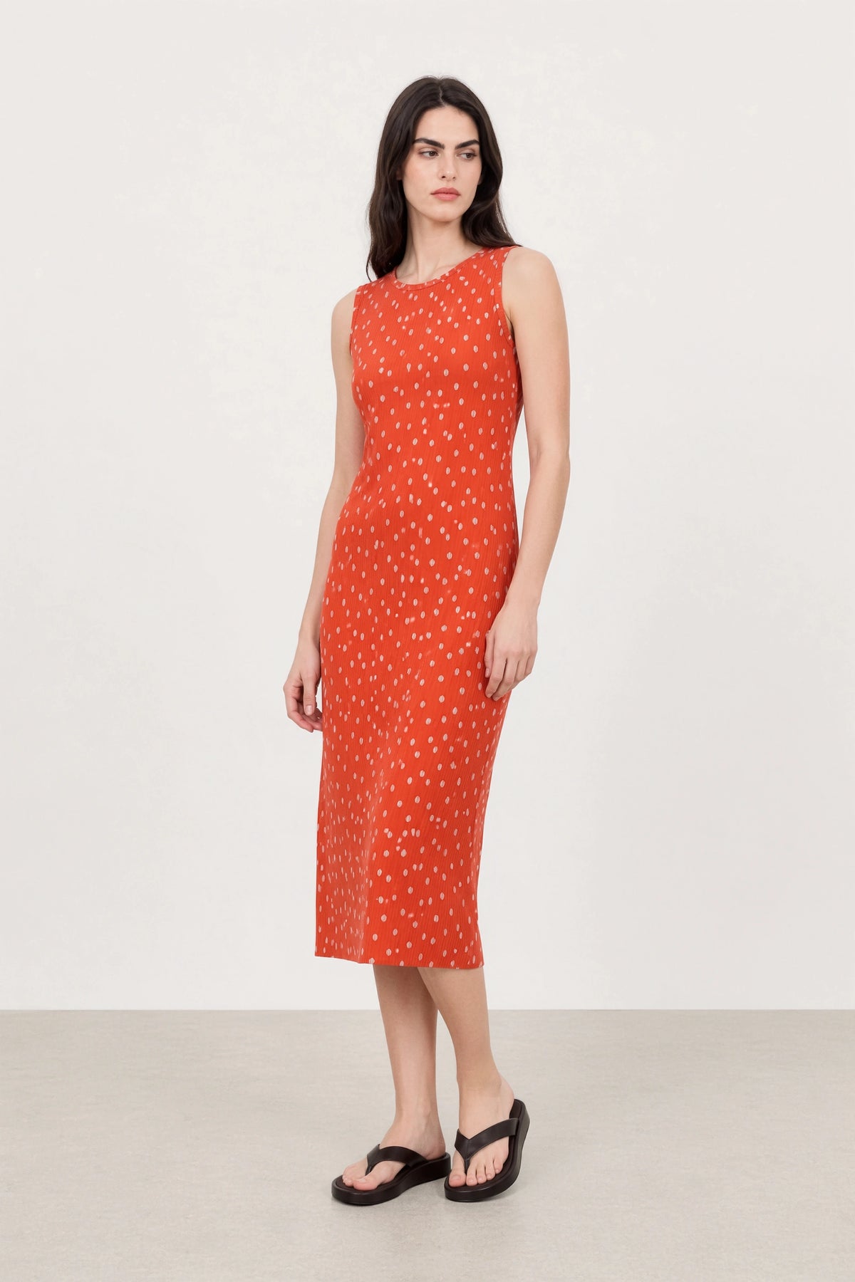 Orange and white polka dot ribbed sleeveless column dress_1
