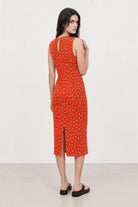 Orange and white polka dot ribbed sleeveless column dress_2