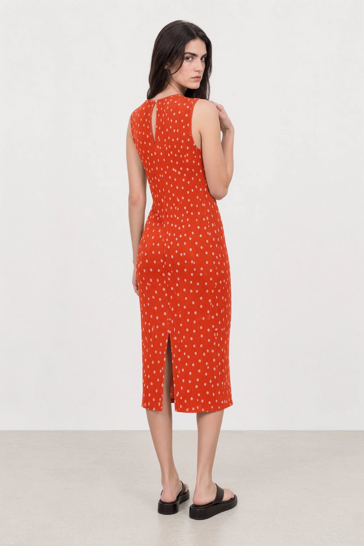 Orange and white polka dot ribbed sleeveless column dress_2