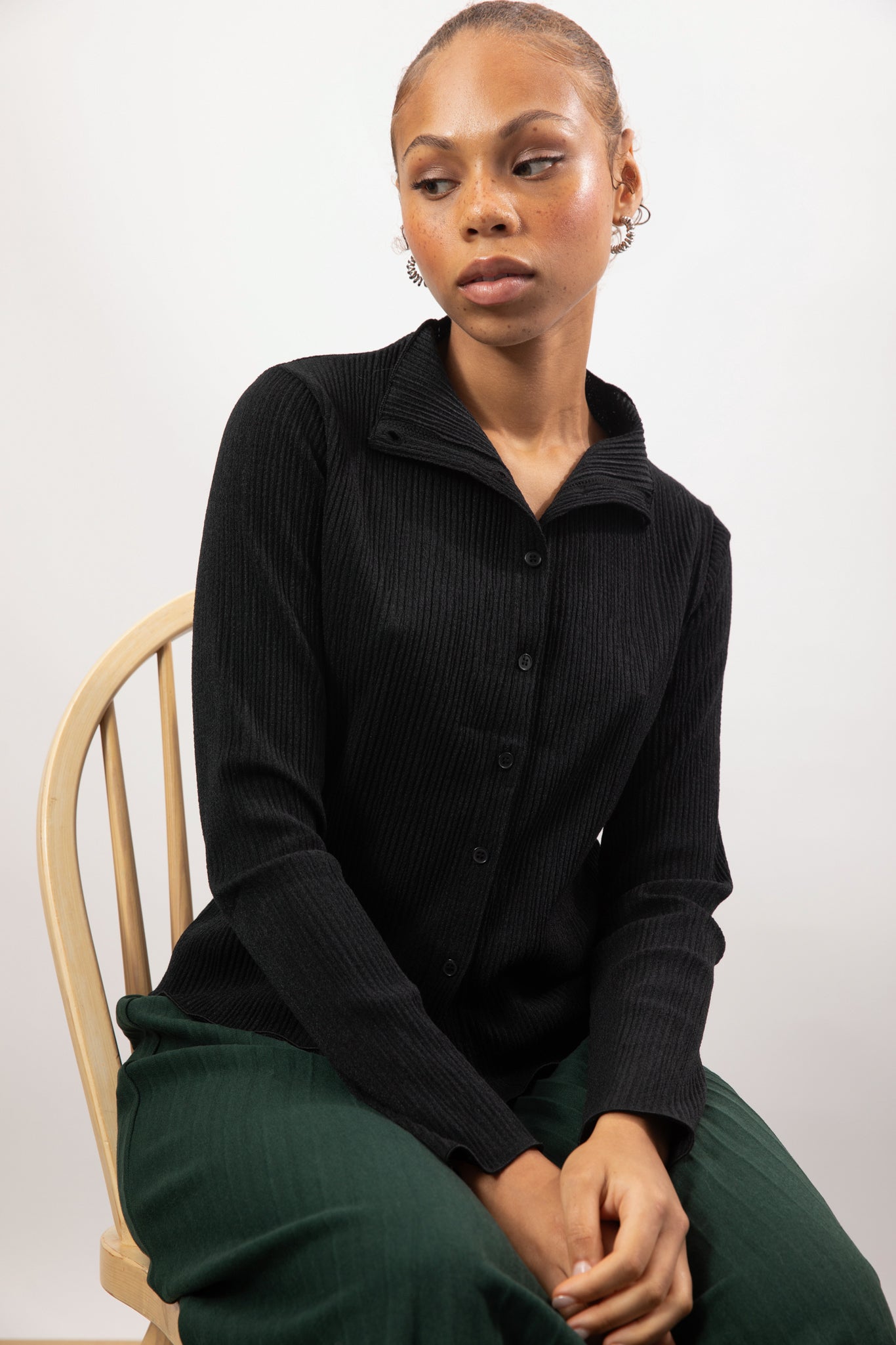 Black textured button up mock neck top_5