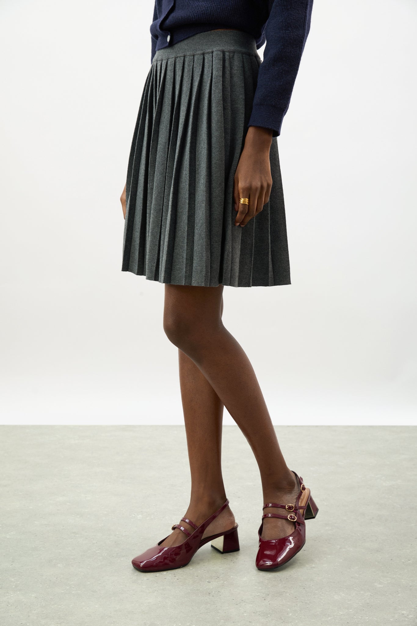 Charcoal grey wool blend knit pleated skirt_1