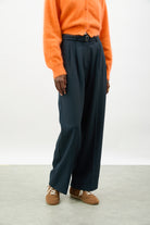 Navy blue belted double pleat trousers_1