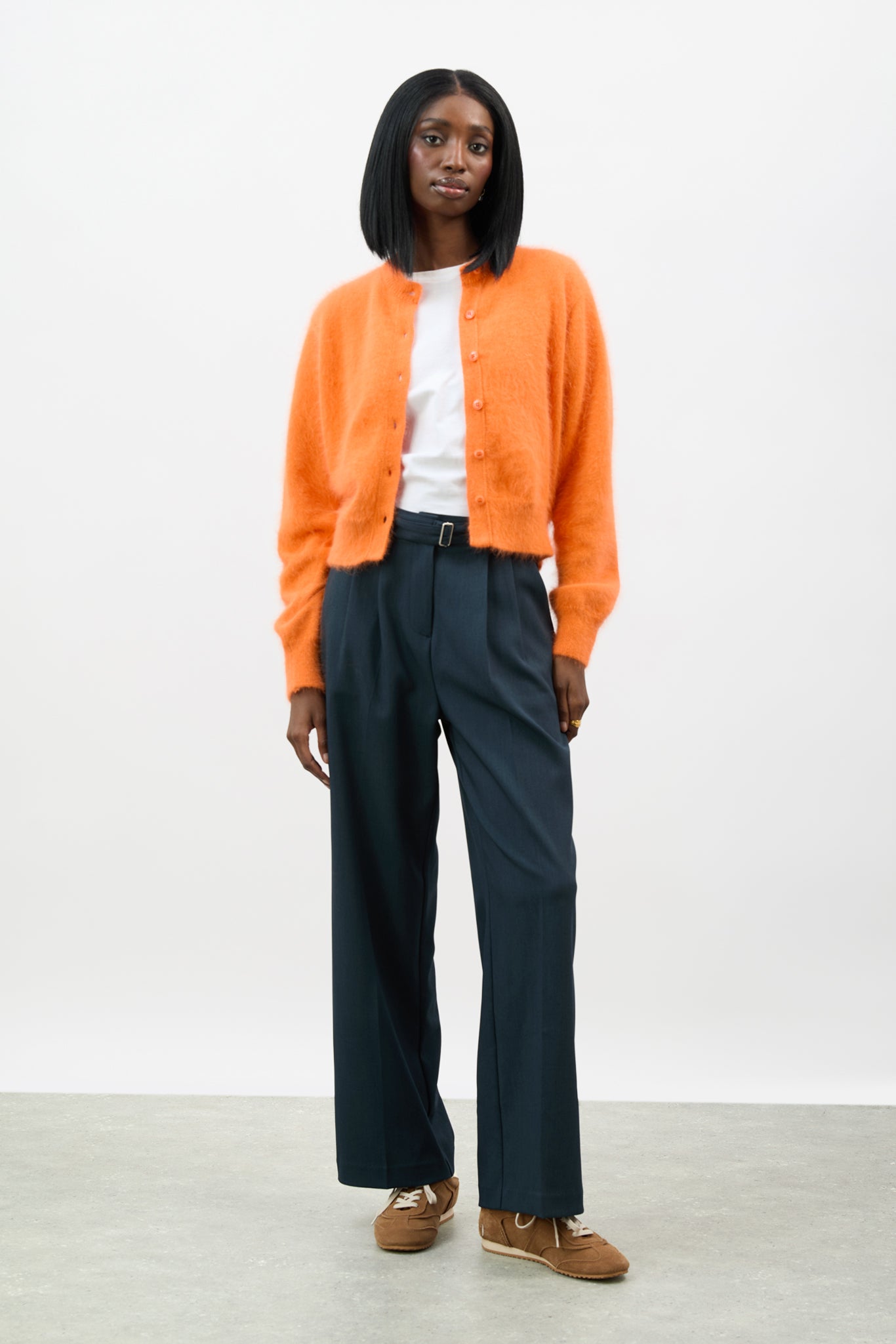 Bright orange angora blend round neck cardigan_4