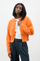 Bright orange angora blend round neck cardigan_1