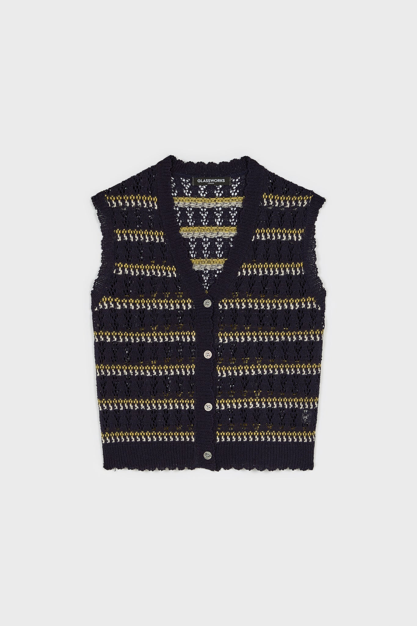 Navy blue yellow and white striped crochet button up sweater vest