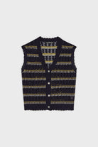 Navy blue yellow and white striped crochet button up sweater vest_1