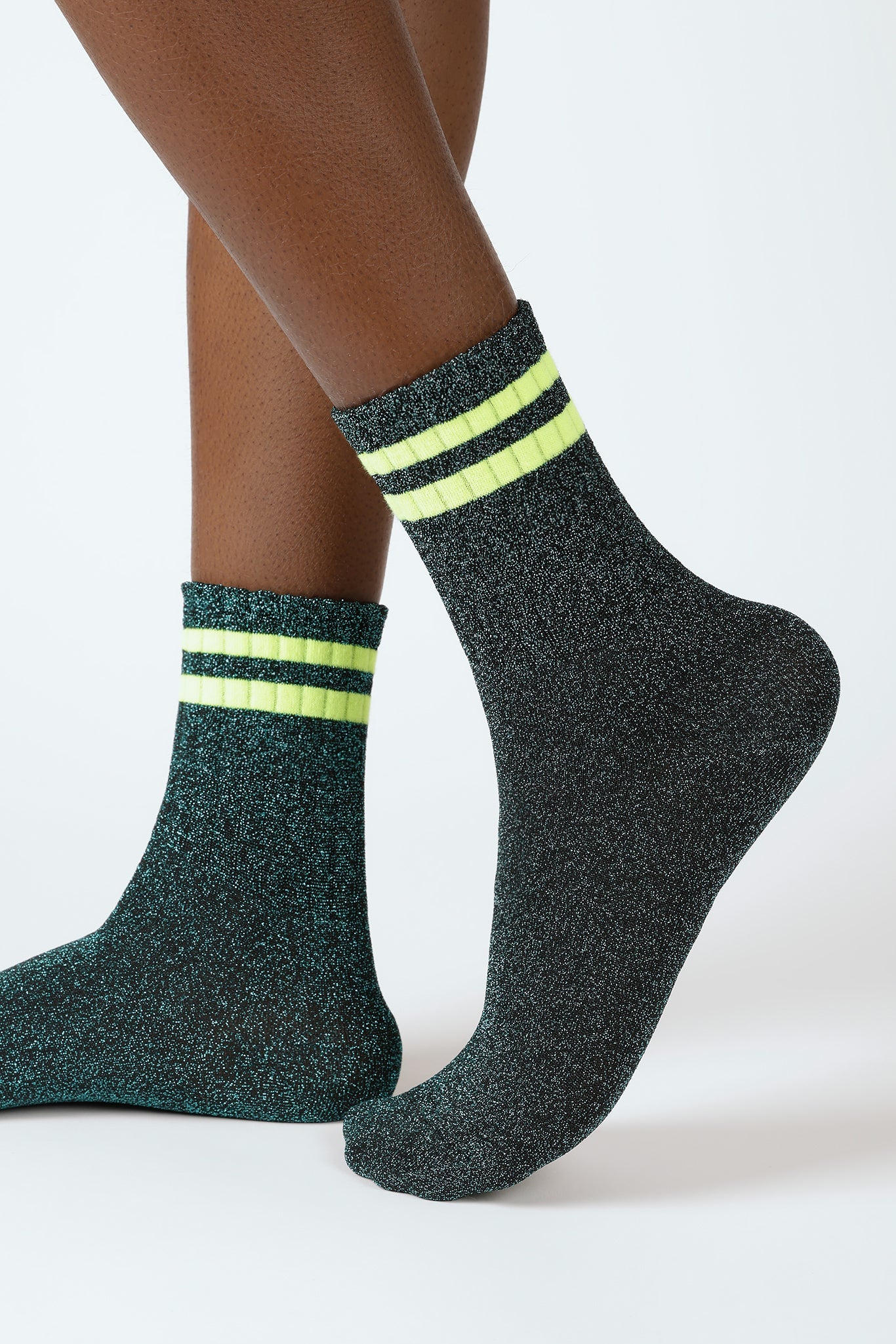 Teal metallic neon yellow varsity stripe socks_1