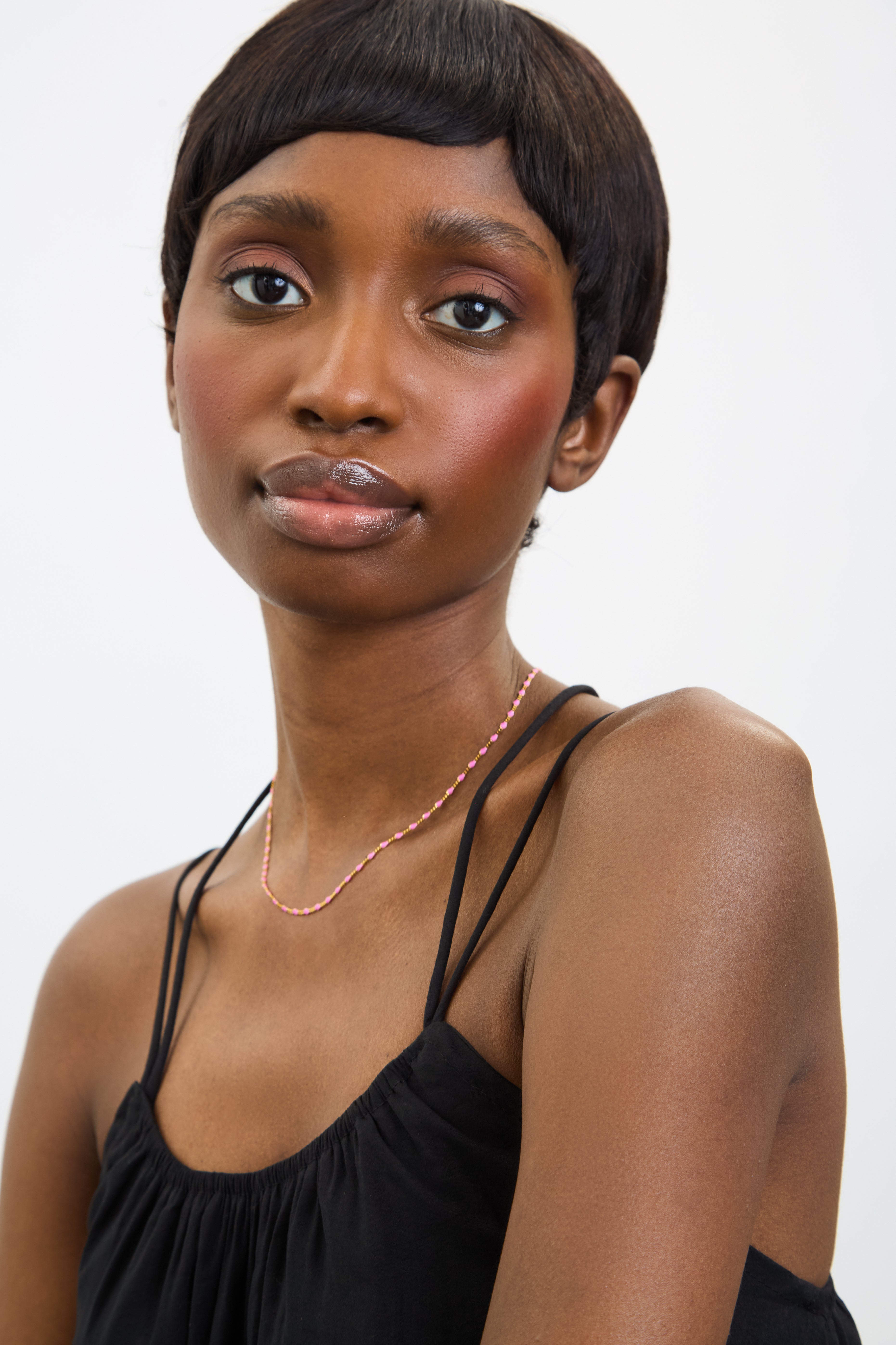 Gold pink bead drop chain necklace_4