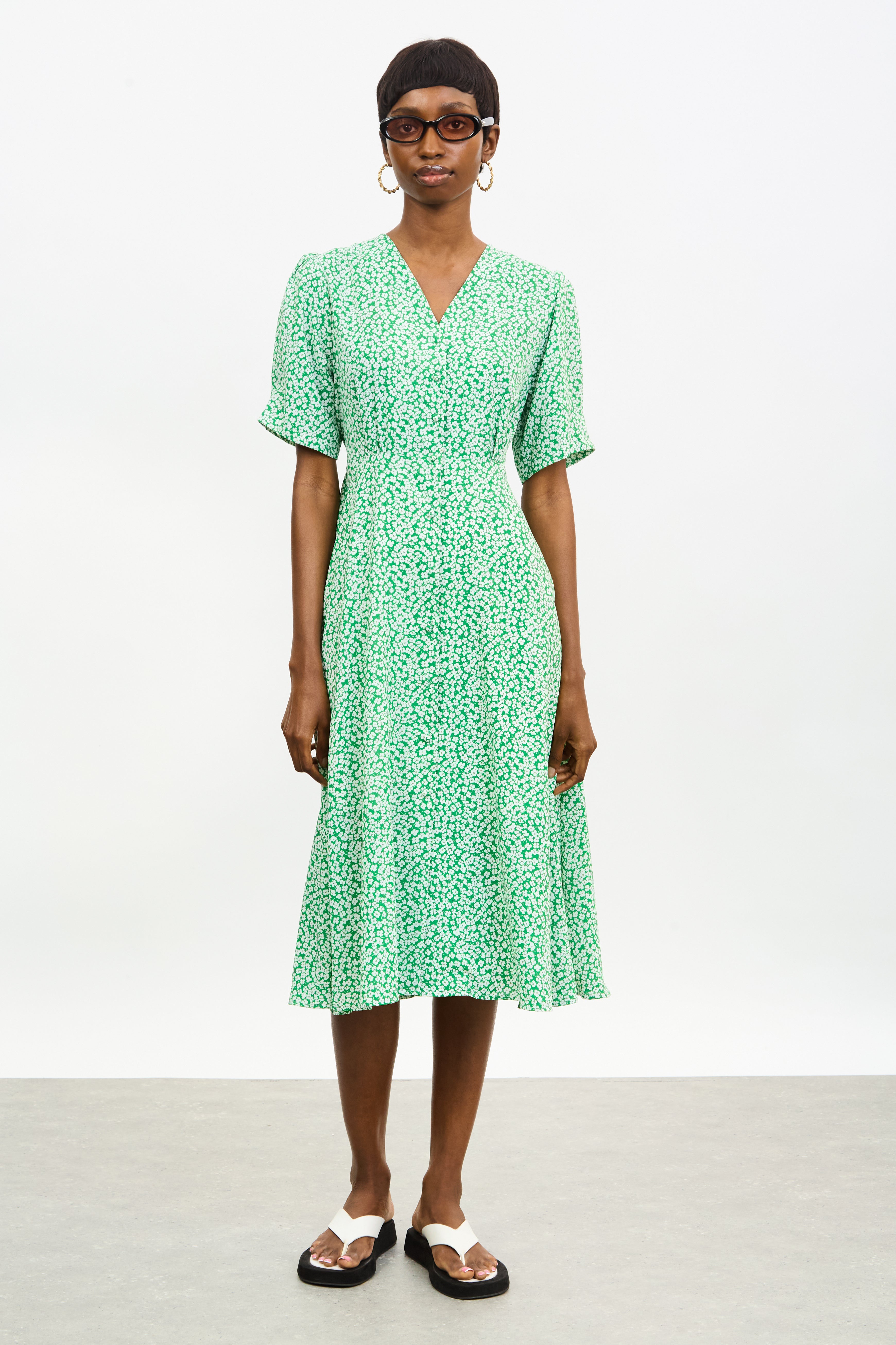 Green and ivory tiny floral print midi dress_1