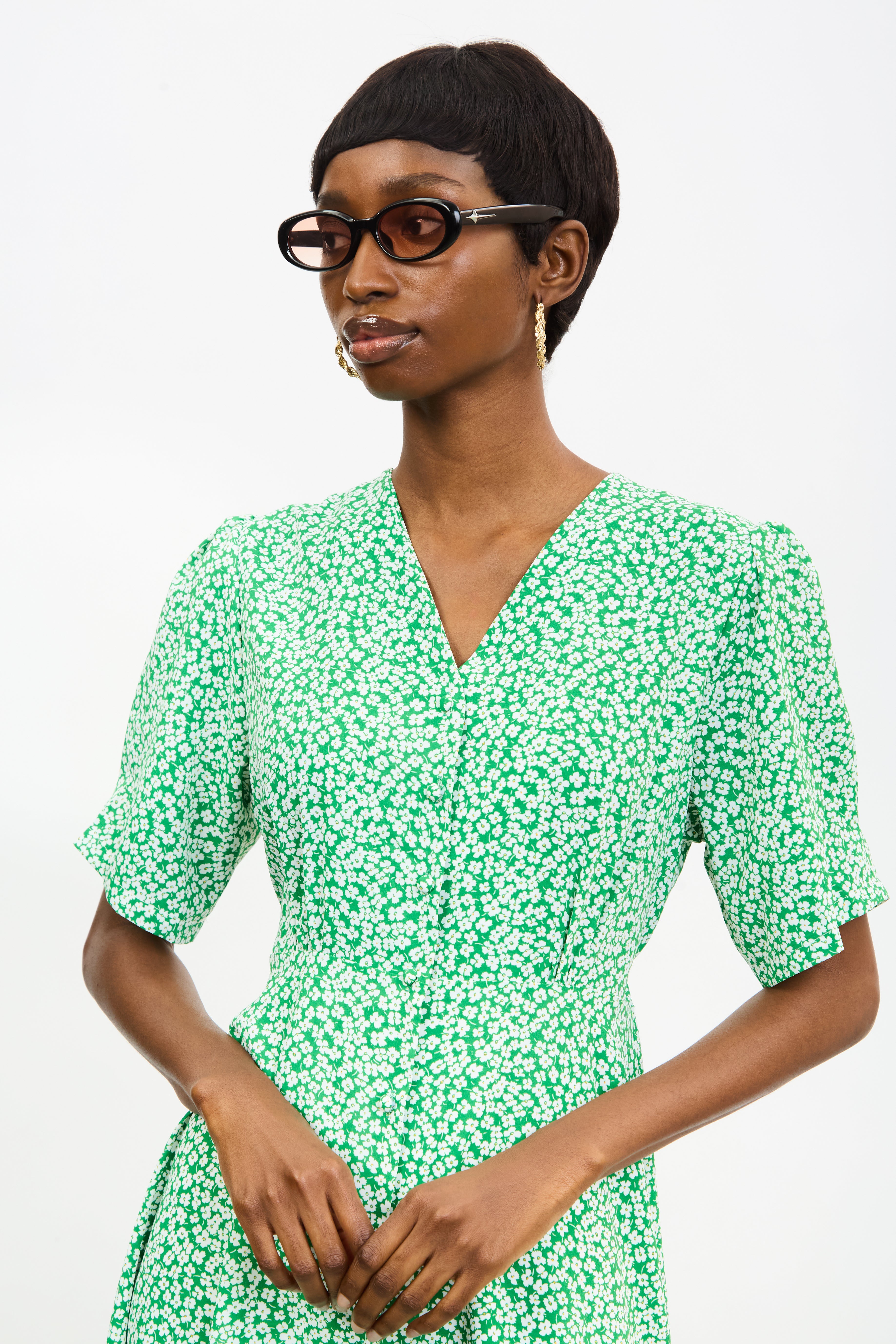 Green and ivory tiny floral print midi dress_3