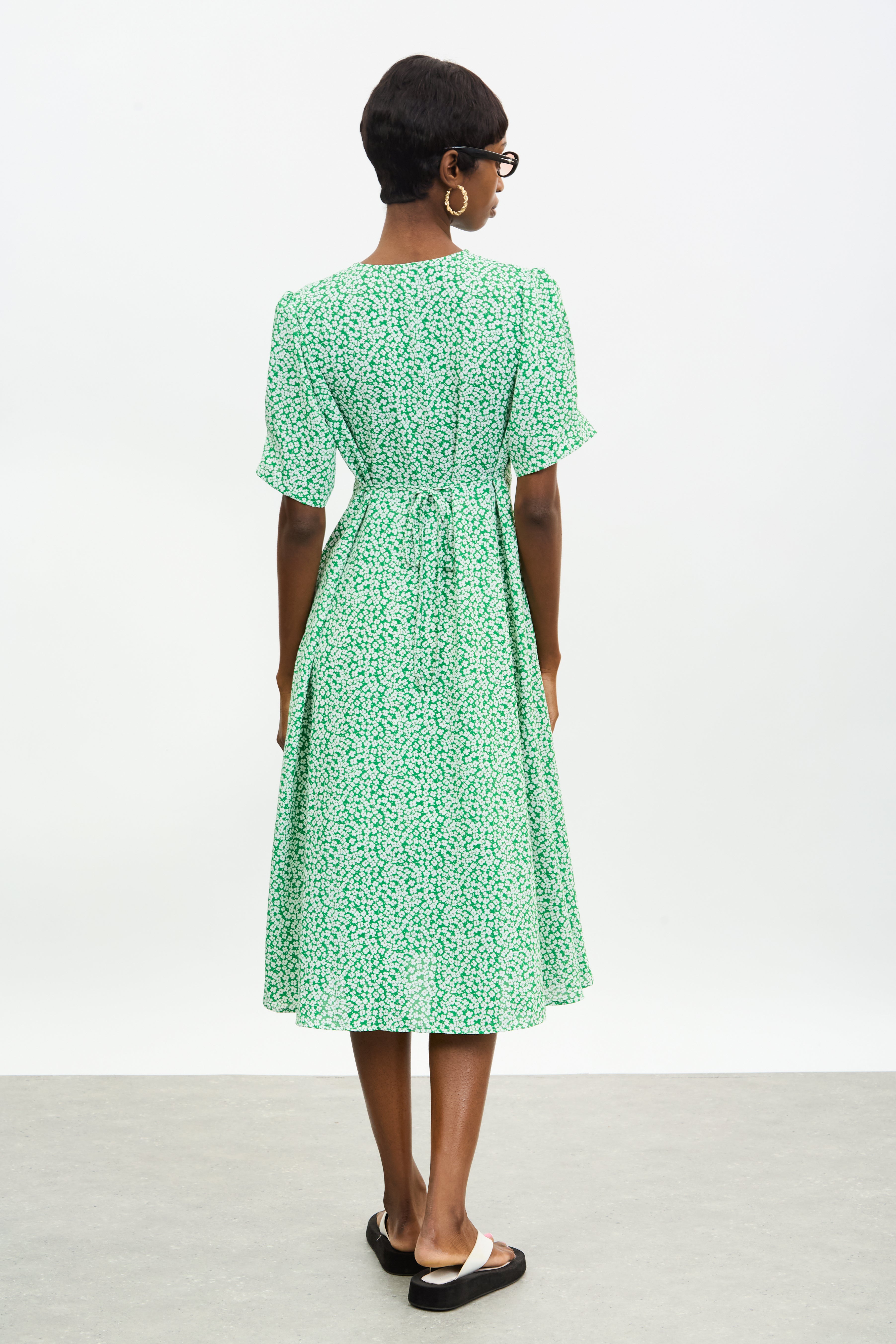 Green and ivory tiny floral print midi dress_2