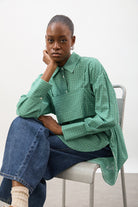 Green and white plaid layered shirt dress_5