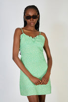 Green and yellow floral print ruffle trim mini dress_1