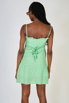 Green and yellow floral print ruffle trim mini dress_2