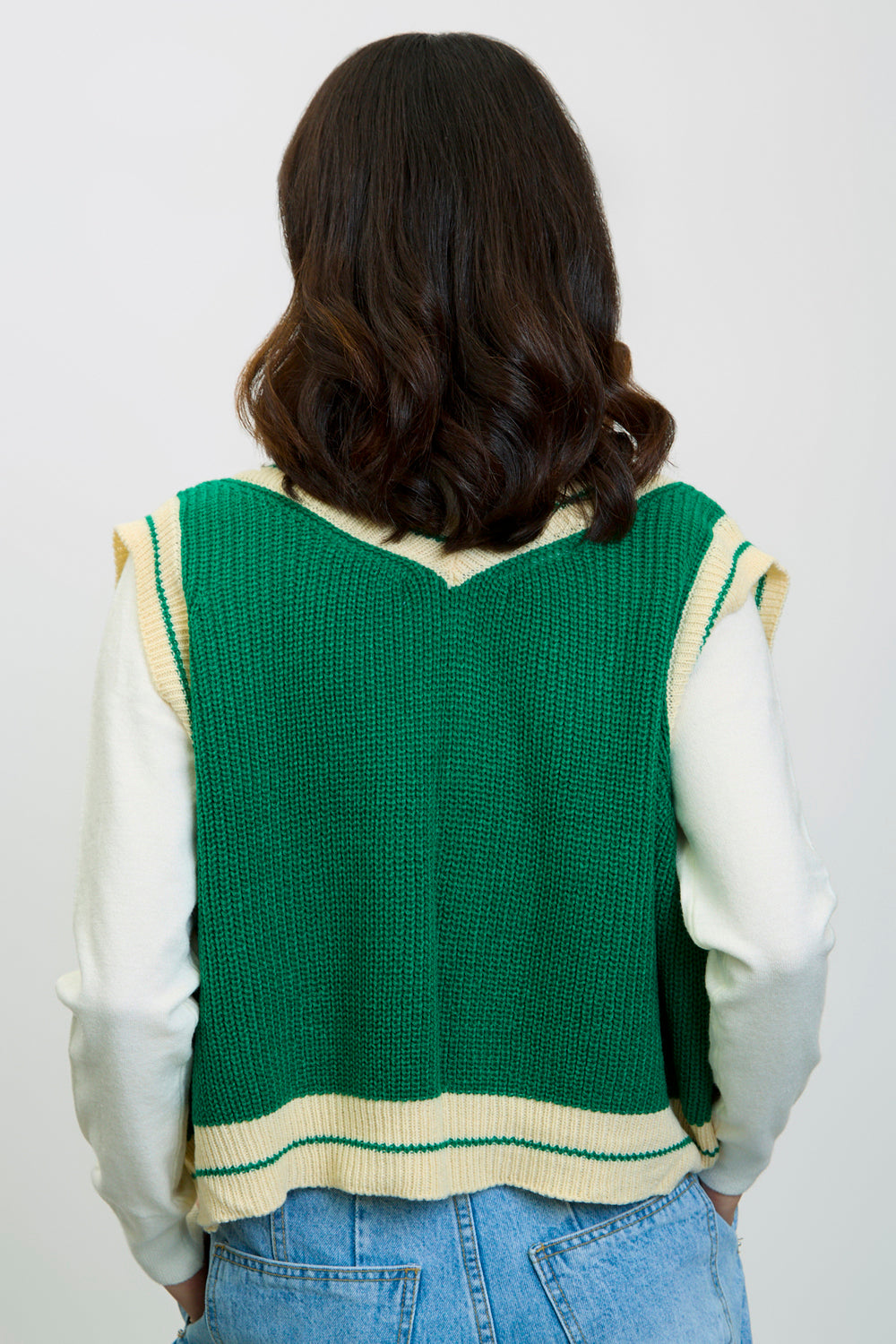 Green deep V varsity sweater vest | Glassworks London