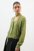 Green fuzzy cardigan with skinny scarf_1