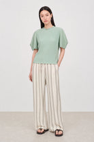 Green ribbed mock neck blouson sleeve top_4