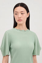 Green ribbed mock neck blouson sleeve top_3