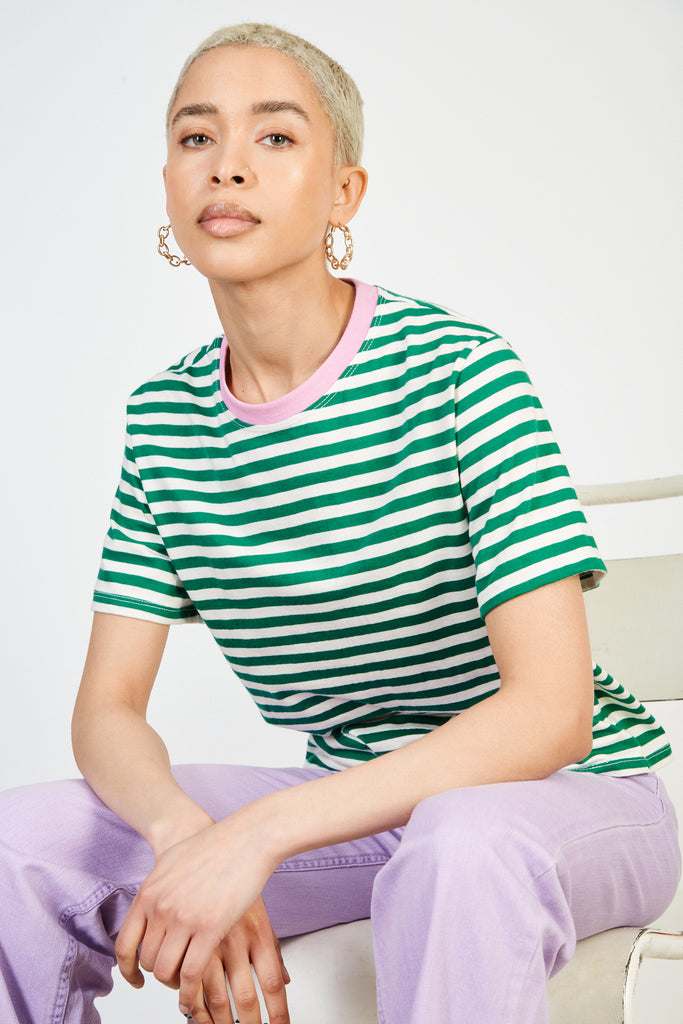 Green striped pink collar tee_1
