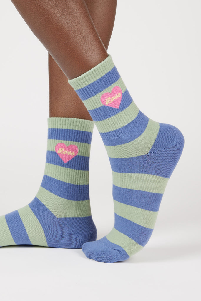 Green and blue thick stripe LOVE heart socks_1
