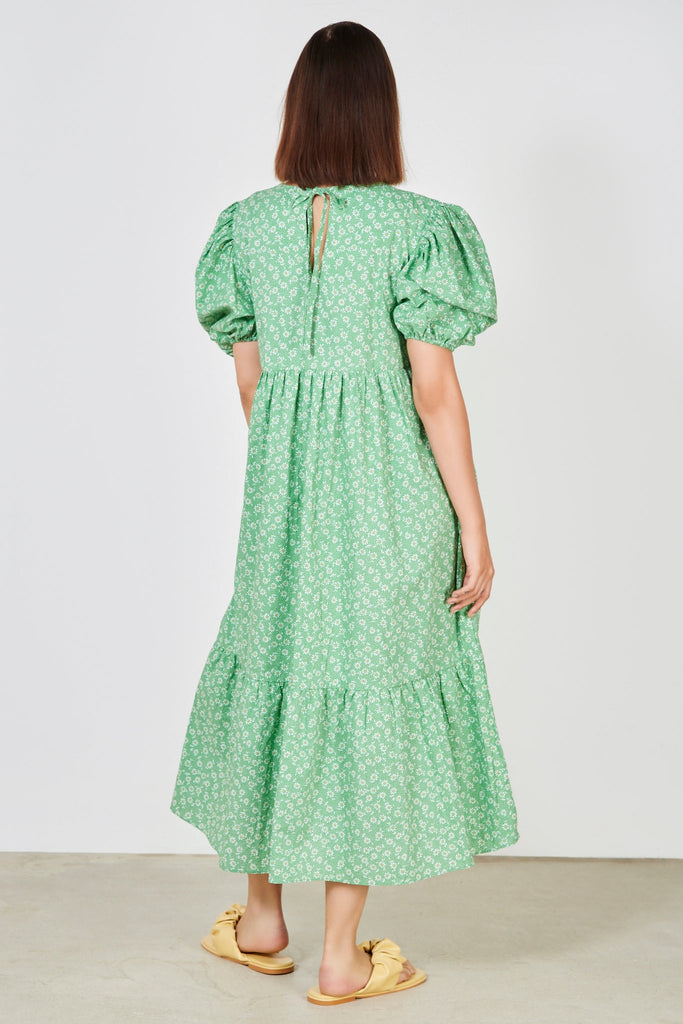 Green daisy print tie back midi dress_3