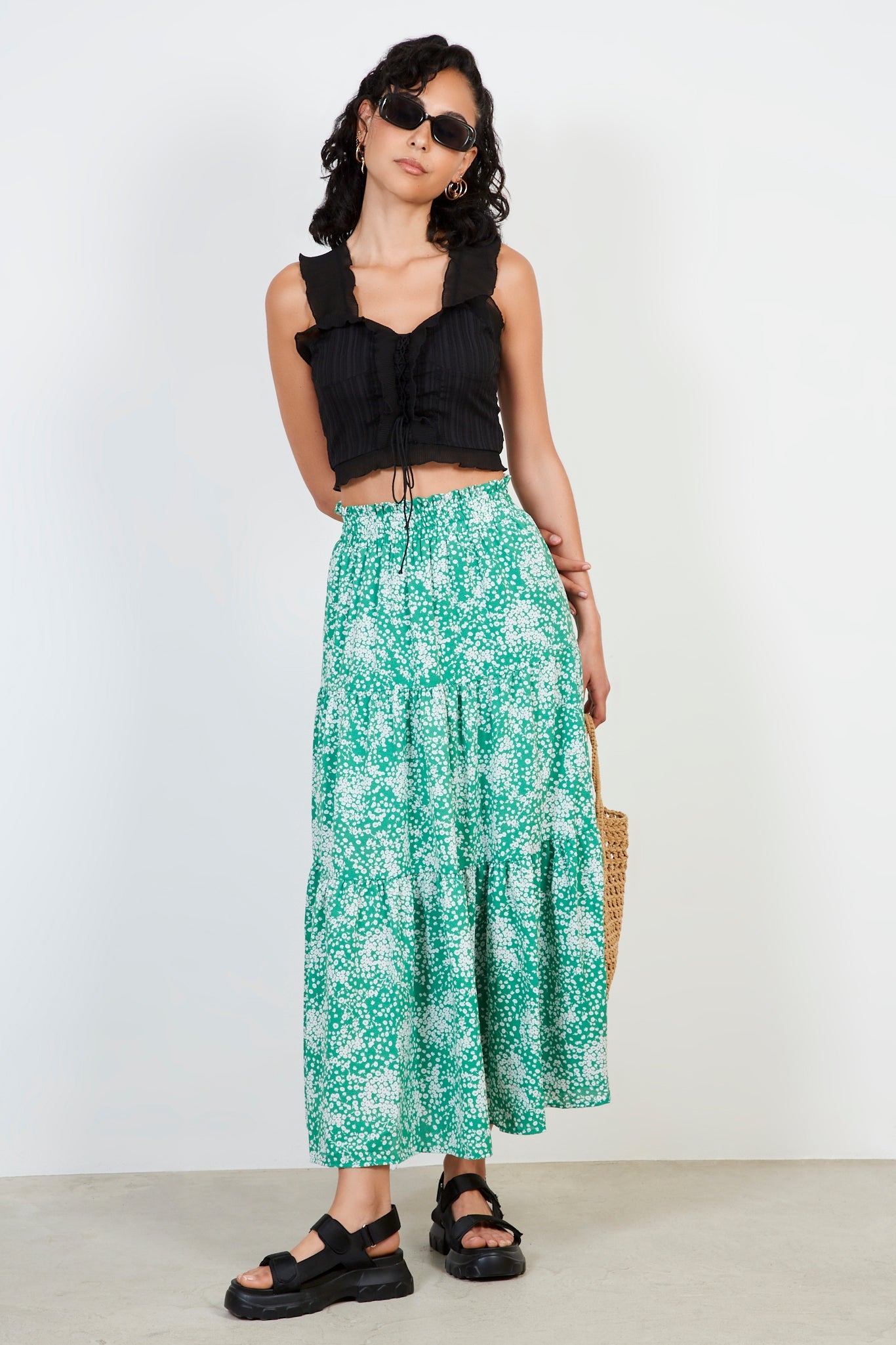 Green floral print tiered skirt