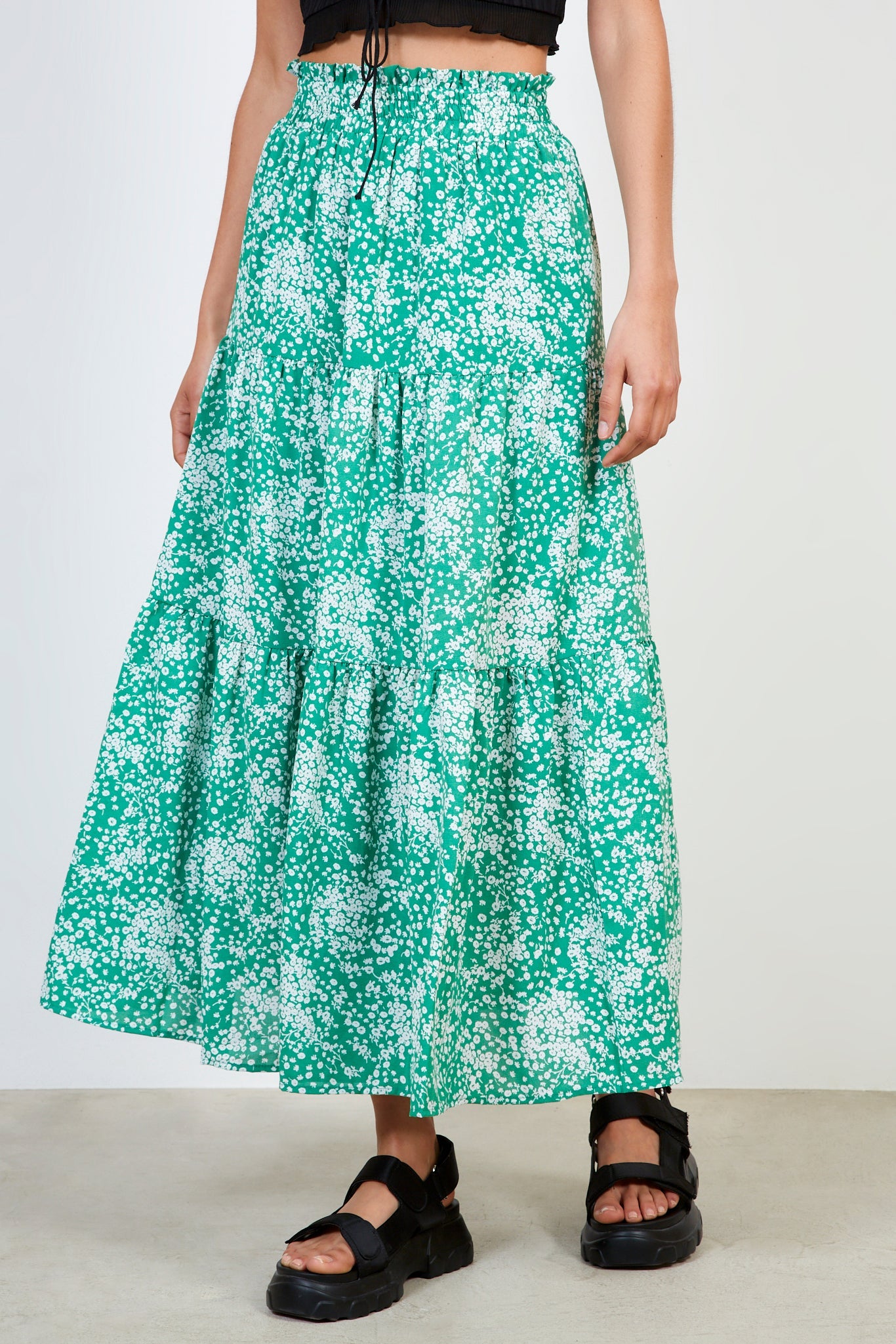 Green floral print tiered skirt