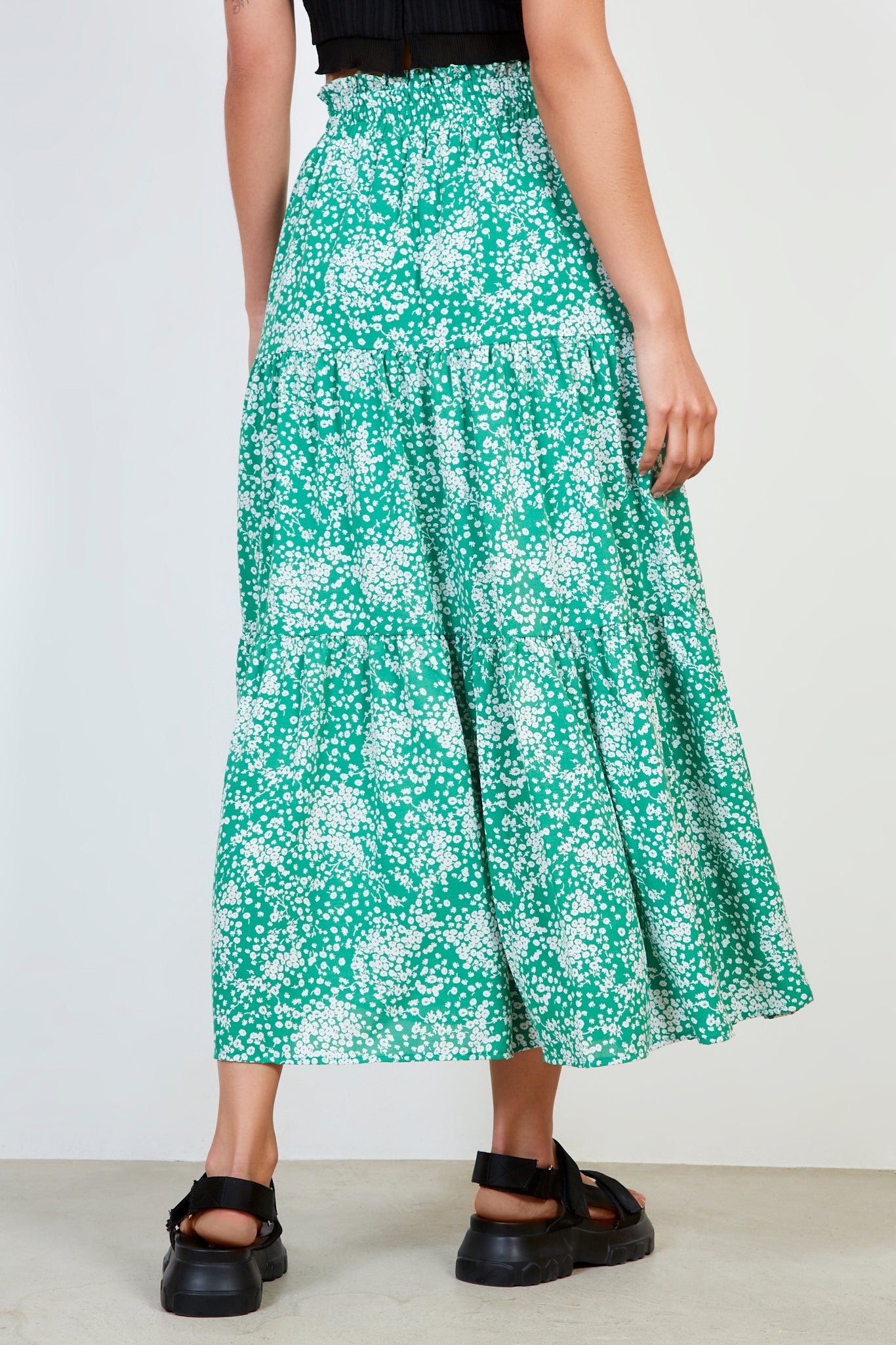 Green floral print tiered skirt